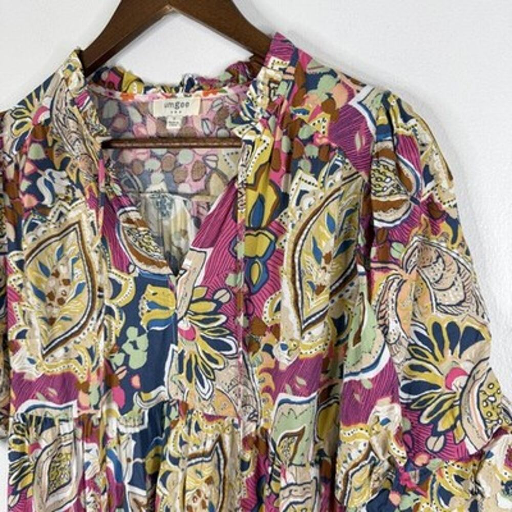 Paisley Cottagecore Boho Dress Small V Neck Midi Puff Sleeve Swing Umgee